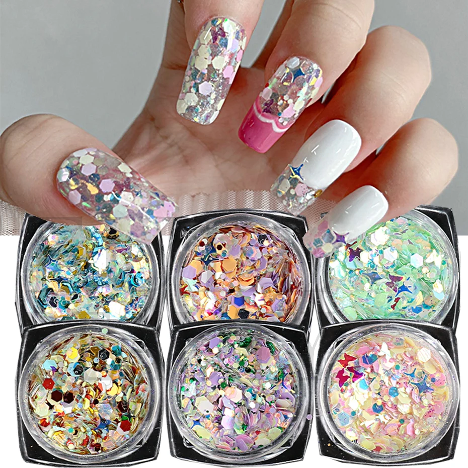 1Box Nail Glitter Sequins 3D Holographic Sparkly Colorful Ultra Thin Mixed Size Hexagonal Butterfly For Manicure Decor LEBHP01