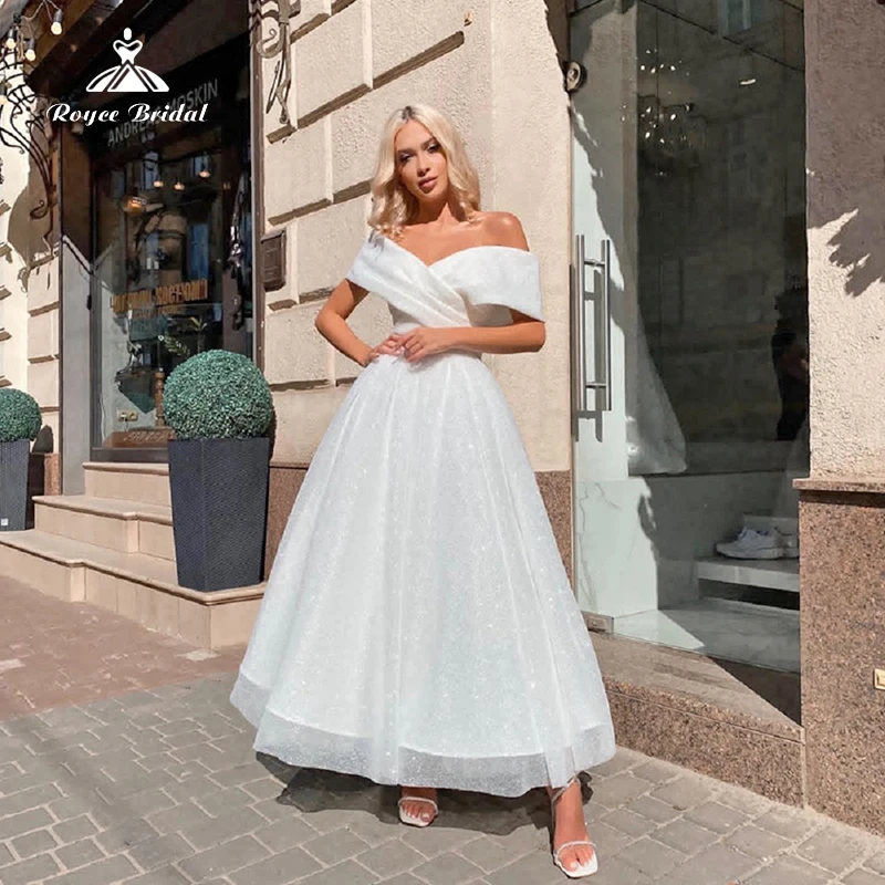 

Glitter Shiny V Neck Off the Shoulder Lace Short Ankle-Length A Line Wedding Dress Tulle Bridal Gowns Simple Vestidos De Novia