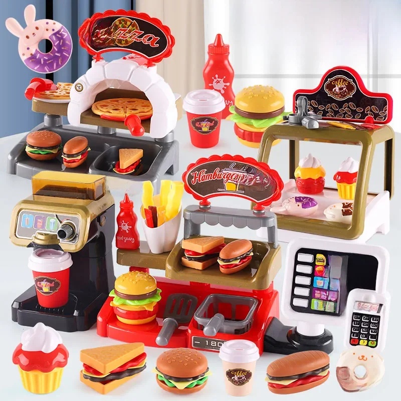 Dziecko Gra Dom Gra Kuchnia Fast Food Restauracja Burger Frytki Deser Ekspres do kawy Zestaw kasjerski Mini edukacyjne zabawki do odgrywania ról — zdjęcie 2