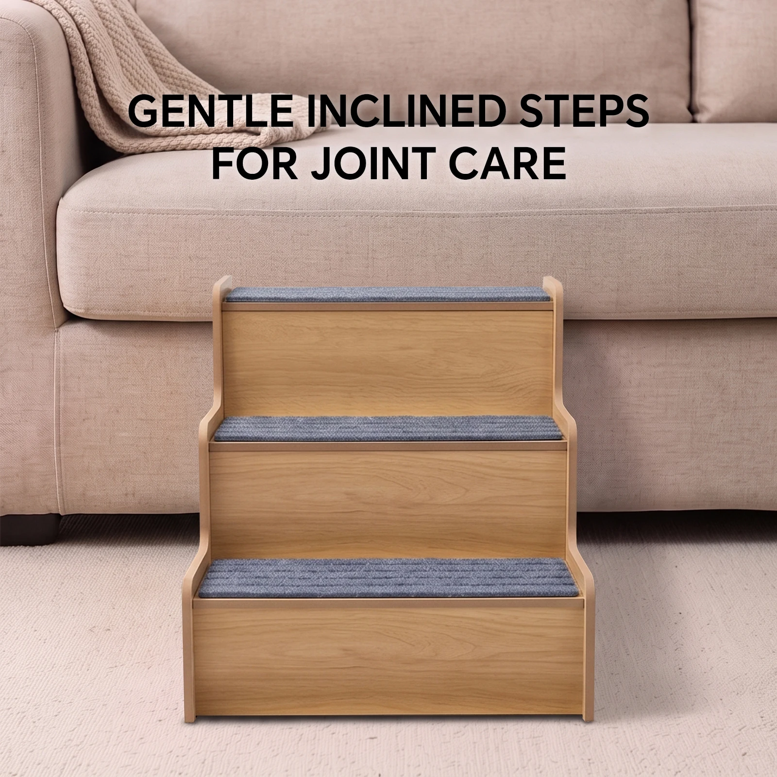 3 Step Wooden Pet Stairs for Small Dogs Cats, Non-Slip Dog Steps with Carpeted Treads, Pet Ramp Stairs for High Bed Sofa Couch Window Sill, Joint Support for Senior Elderly Injured Pets, Sturdy Frame Easy Assembly