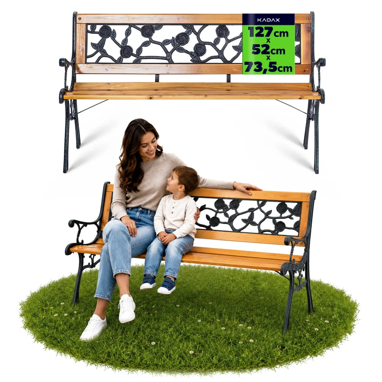 Banco de Jardín de Madera KADAX, Estilo Parque, 127 cm, Banco con Respaldo de Hierro Fundido, Diseño de Rosas