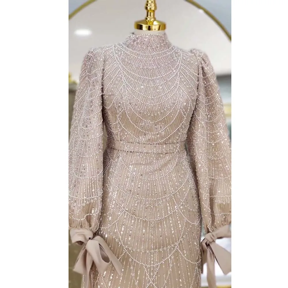 Elegant Muslim High Neck Pearls Evening Dress for Women 2024 Long Sleeves Ankle Length Formal Prom Wedding Party Gown Customized