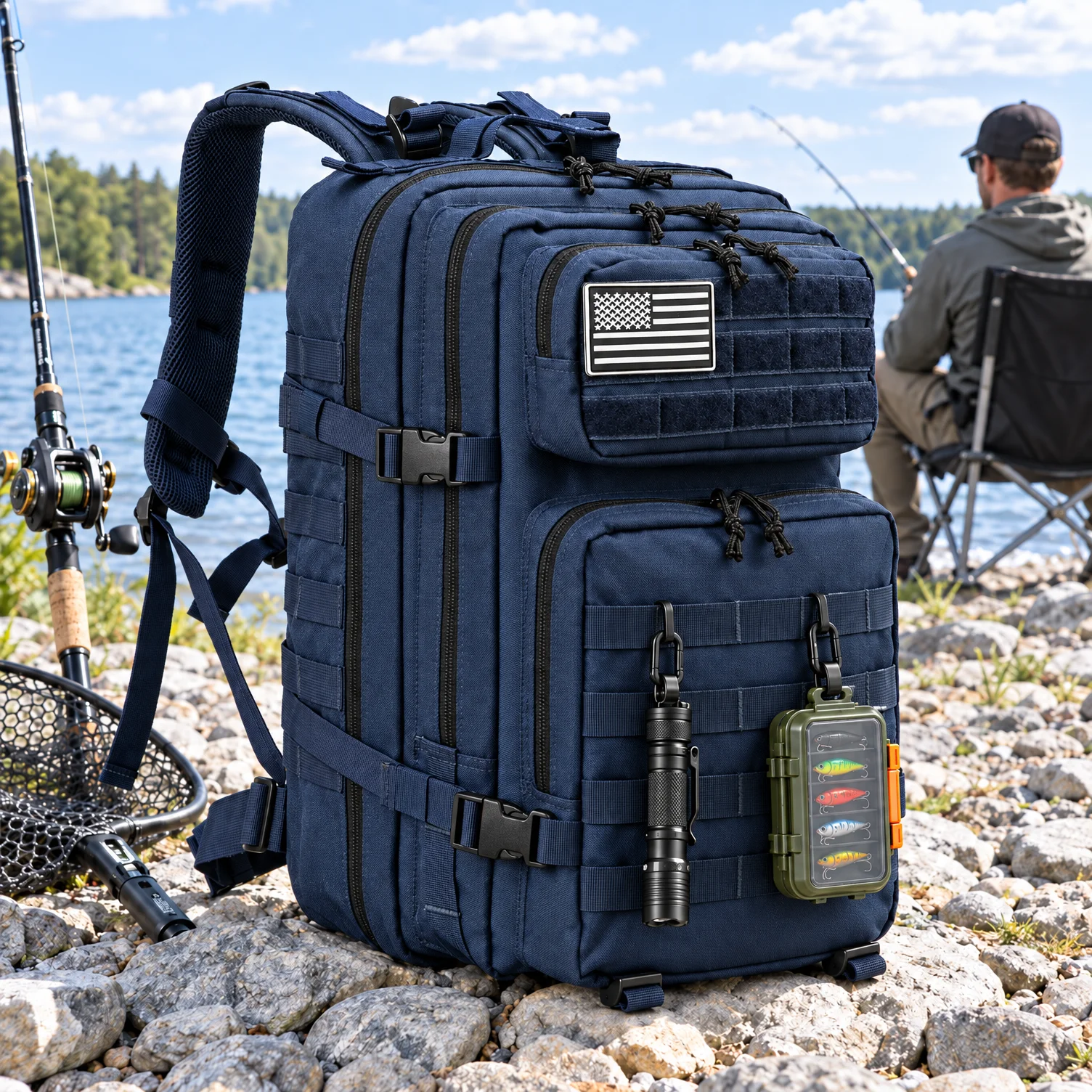 Zaino tattico da 45 litri per attrezzatura da pesca, sistema Molle, grande capacità, borsa multiuso con tasche, resistente all'usura, ideale per attività all'aperto, zaino robusto per uomo, perfetto