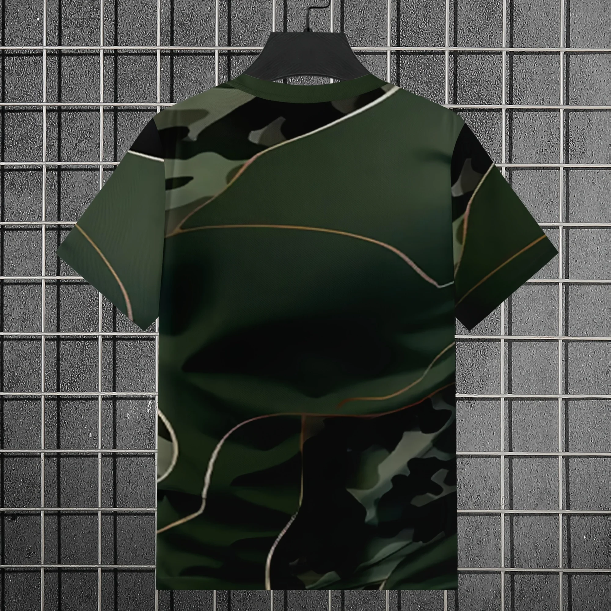Men Tactical Sports T-shirt Dark Olive Camo Curve Line Print High Elastic Quick Dry Camping Fitness Short Sleeve Tops