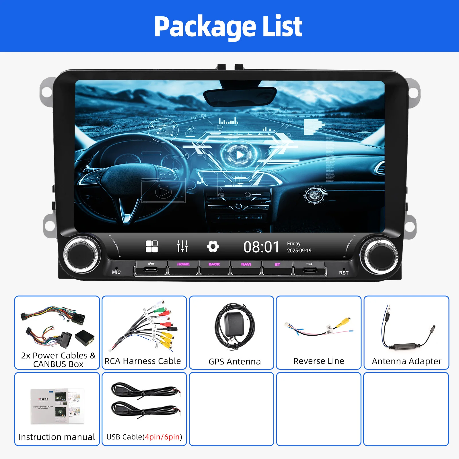 Android 15 4G 64G autoradio multimediaspeler voor Volkswagen Golf 5 6 Passat Polo met dubbele Type-C, GPS, WiFi, RDS en Carplay