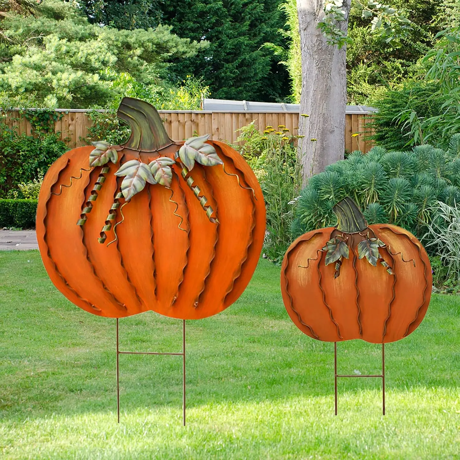 2pcs 17.5"H 26"H Metal Pumpkin Garden Stakes - Autumn Decorative Yard Signs - Indoor Outdoor Plant Flower Stake Fall  Halloween