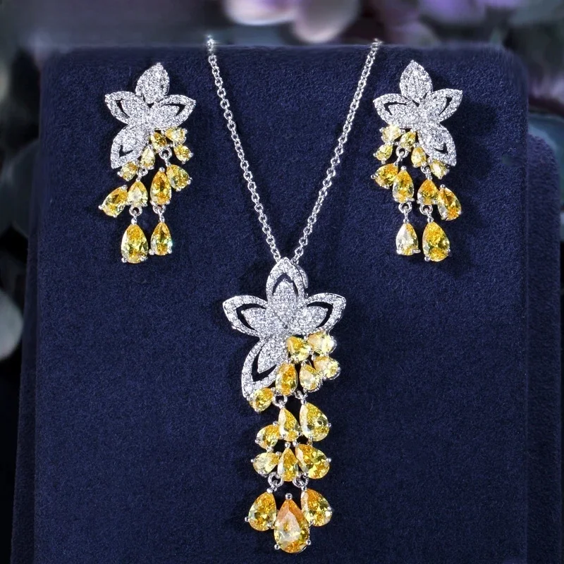 CWWZircons 2024 New Arrival cyrkonia Tassel spadek kwiat kolczyki i naszyjnik moda damska zestawy biżuterii T334 — zdjęcie 2