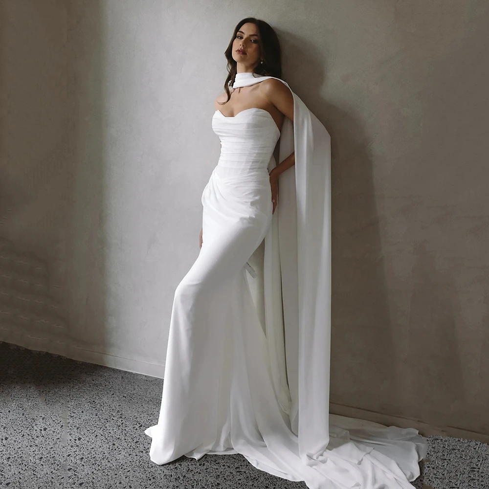 

2026 Strapless Wedding Dresses Sweetheart Backles Pleated Mermaid Wedding Gown Detachable Cape Bridal Dress Customized