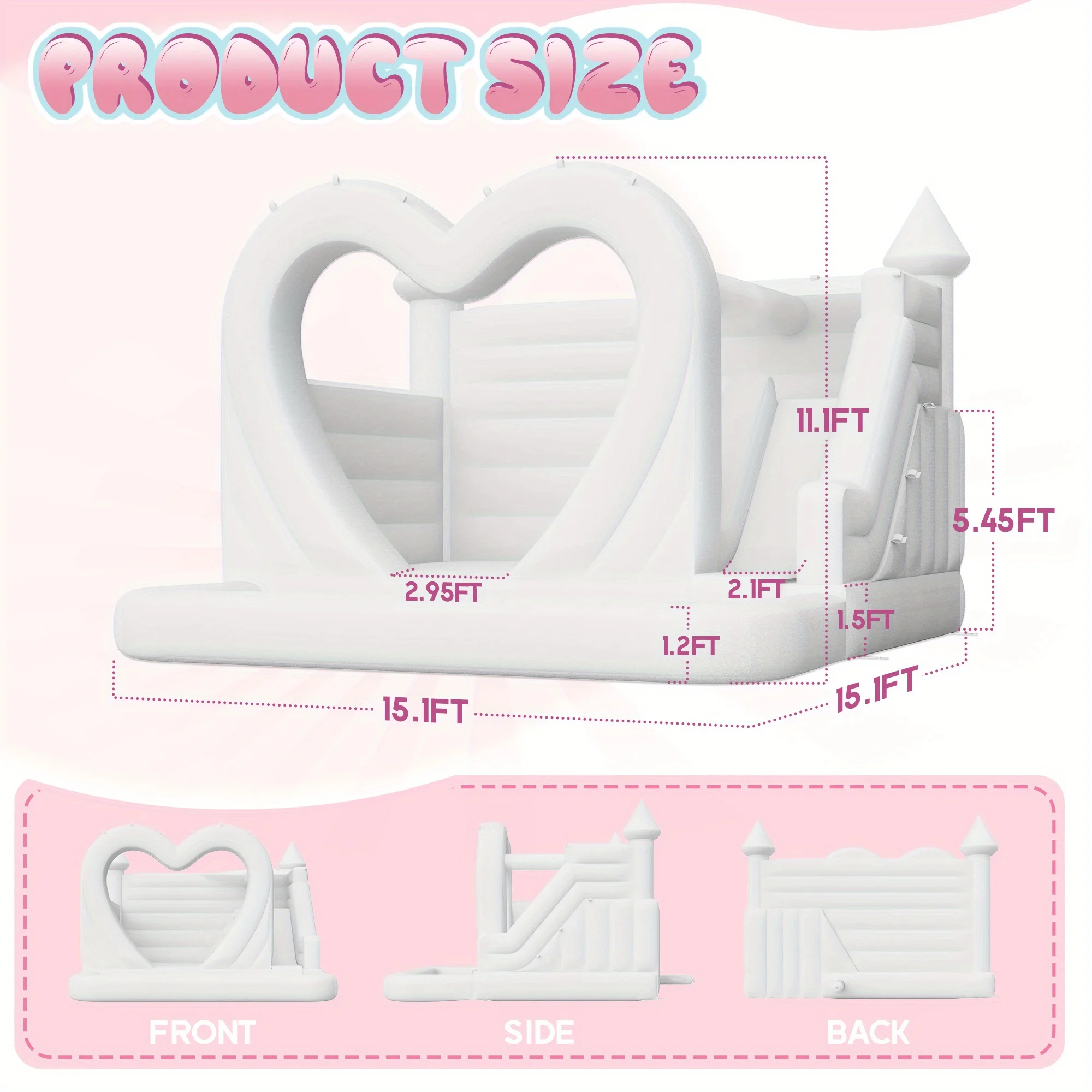 منزل ترتد أبيض جديد على شكل قلب مع حفرة كروية وقلعة بيضاء رطبة وجافة قابلة للنفخ مع منفاخ لحفلات الزفاف