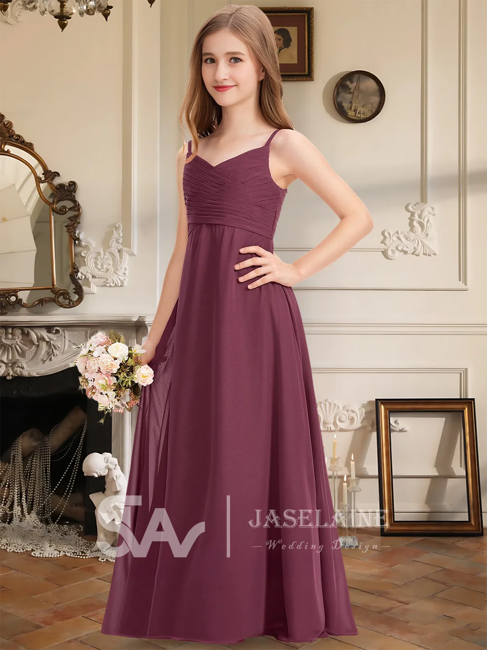 子供用エレガントジュニアブライズメイドドレス、スイートハートシフォンAライン、フロア丈フラワーガールドレス、女の子用フォーマルウェア、結婚式パーティー