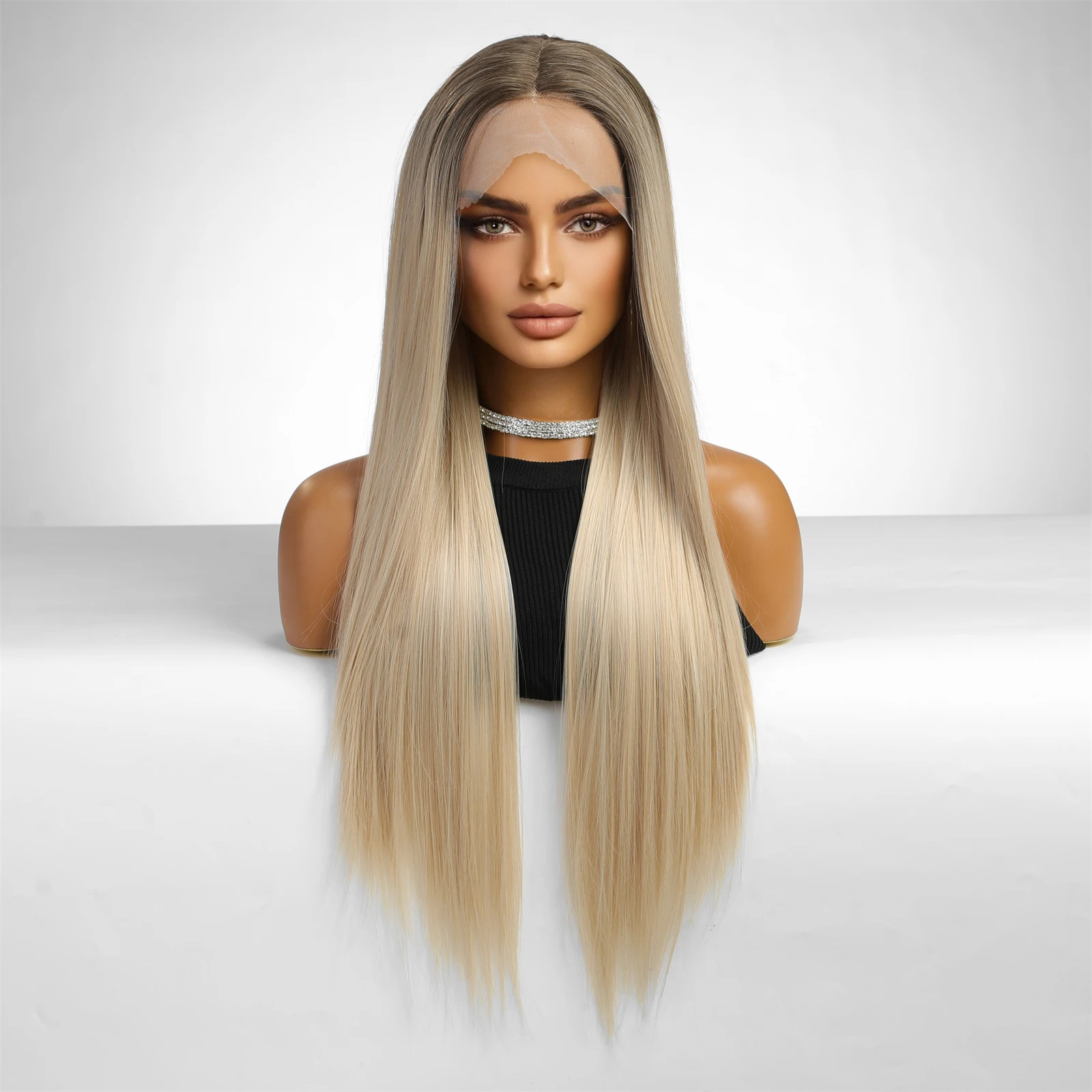 CharmSource Lace Front Wig Long Straight Golden Blonde Wigs with Dark Root for Women Daily Party Cosplay Wedding High Density