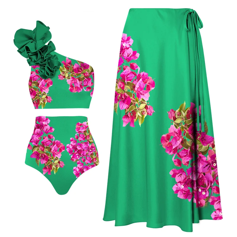 2024 Vintage Rose Pink Bougainvillea Flower Printed Bikini Set Swimsuit and Skirt Swimwear Women Beachwear Bathing suit bikini