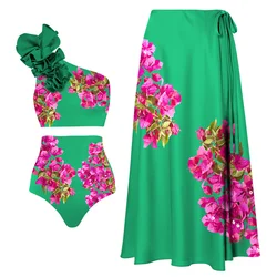 Conjunto de Bikini con estampado de flores para mujer, bañador y falda, ropa de playa Vintage rosa, 2024