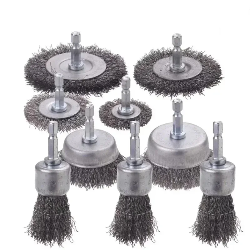 Jeu de brosses à roue à brosse métallique, brosse métallique pour perceuse, tige hexagonale de 1/4 pouces, roue métallique sertie en acier au carbone grossier de 0.012 pouces