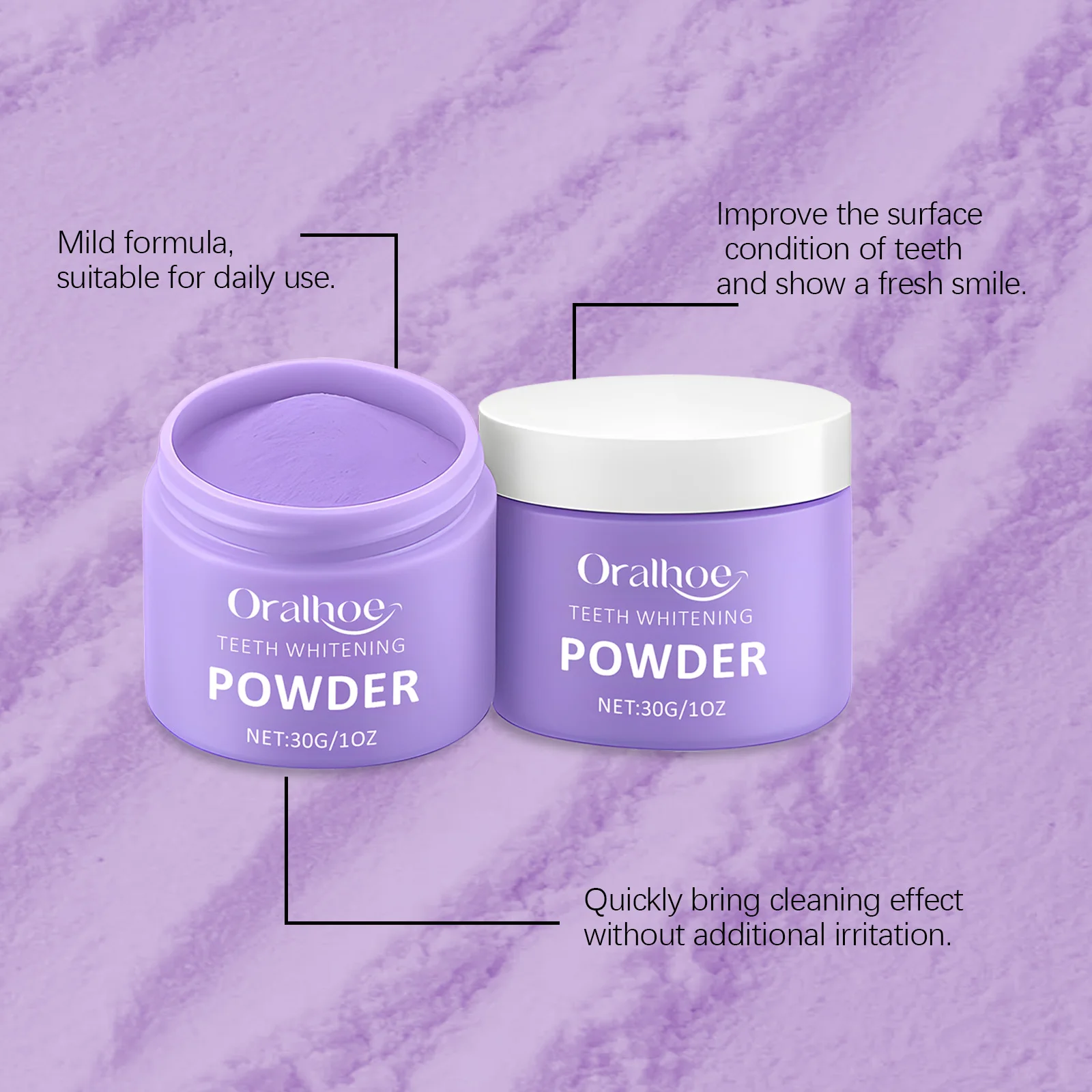 Oralhoe 30 جرام مسحوق تنظيف الأسنان الأرجواني إزالة البقع البلاك نظافة الفم رائحة طازجة سطع العناية بالأسنان تبييض مسحوق الأسنان #2