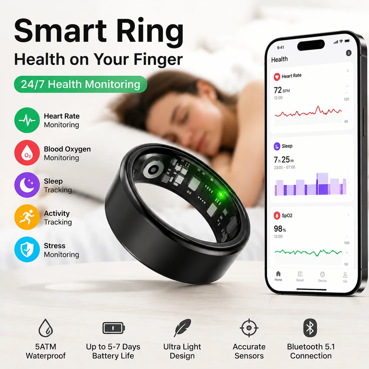 Smrt ring for men women long batter life sleep heath monitor control photos Gps tracking  100+sports modes heart rate smartring for gift
