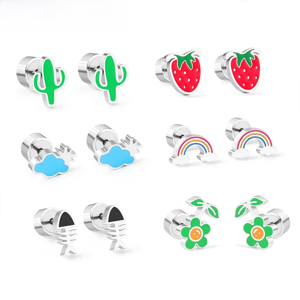 Luxukisskids Schattige Regenboog Oorknopjes Voor Kind/Meisjes Push-Back Roestvrij Staal Anti-Allergie Oor Piercing Dagelijks Dragen Sieraden - afbeelding 2