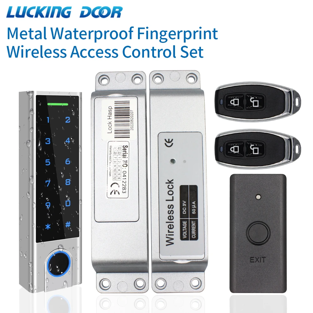 

Waterproof Wireless Door Access Control System Kit Fingerprint Keypad+Bolt Lock+Exit Button Switch+Remote Control RFID Card Lock