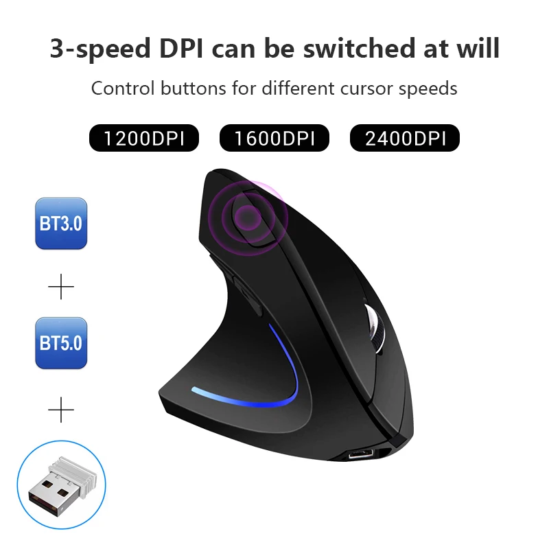 Vertical Mouse Wireless Bluetooth5.0 2.4G Ergonomic 2600DPI Three Mode Left Hand Mouse for MacBook Tablet Laptops Computer PC