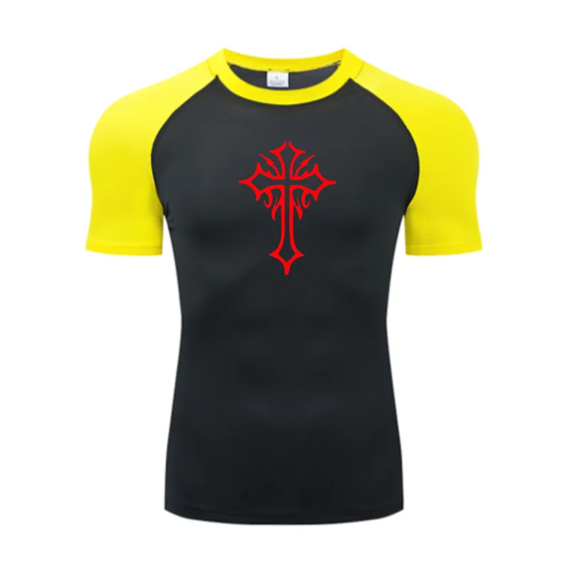 Cross Print Compression Shirt for Men Christian Athletic Tshirt Tees Tops Gym Workout Running Baselayers Undershirts Rash Guard