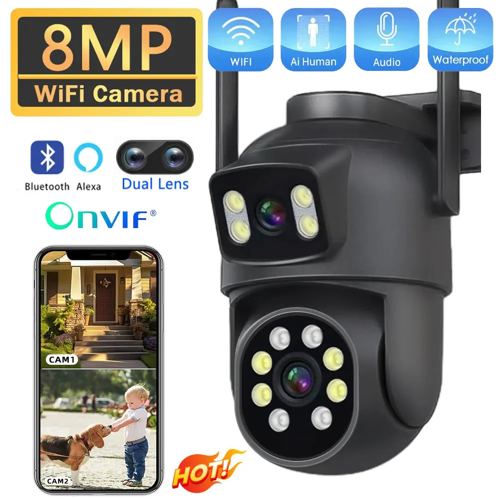 4K 8MP Dual Len Wifi Camera PTZ Outdoor Dual Screen AI Human Auto Tracking CCTV Security Video Surveillance Camera Audio P6Slite