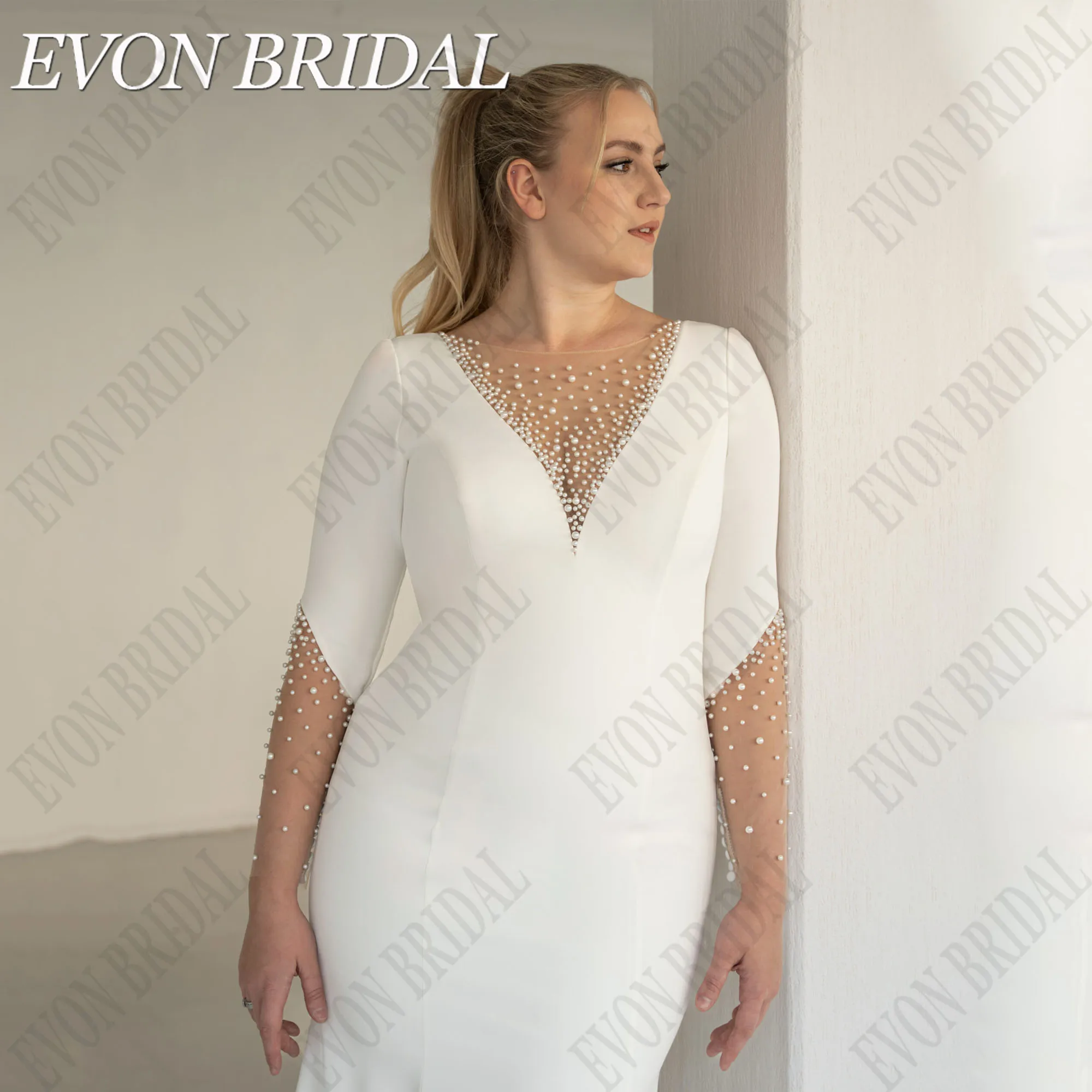 EVON BRIDAL Mermaid Wedding Dress Plus Size Woman O-Neck Satin Bride Gowns Long Sleeves Beading Sweep Train Illusion Back