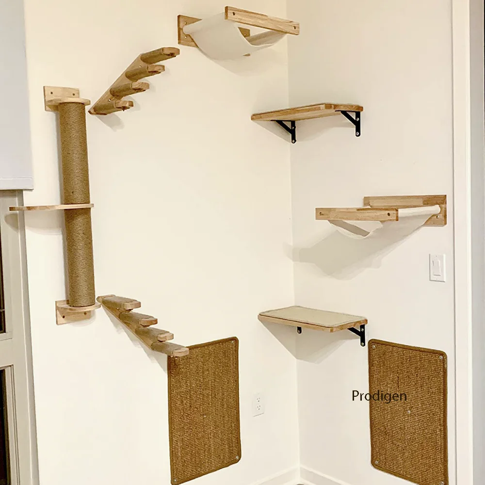 Imagem -03 - Wall Mounted Wooden Cat Prateleiras Escalada Cat Tree Móveis Rede Arranhador Post Poleiros para Atividade Indoor Play