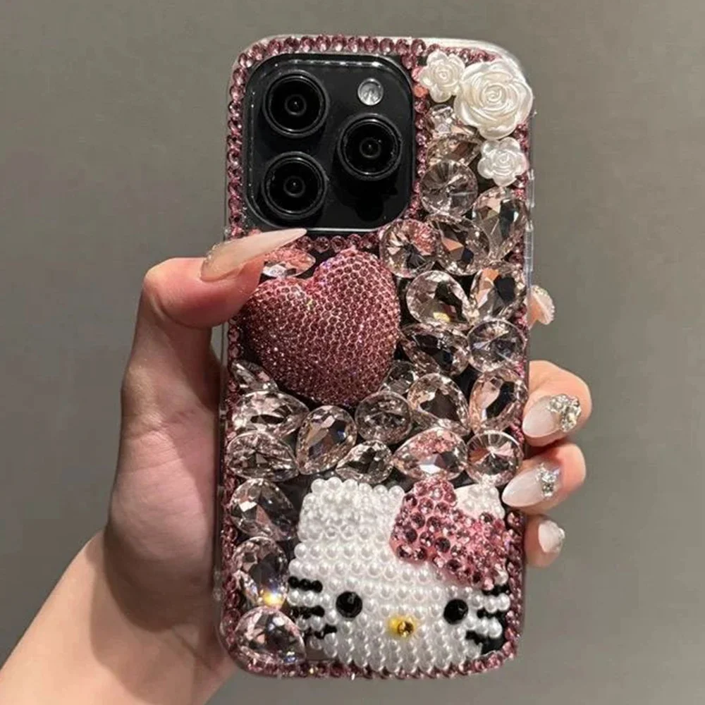 Błyszczące, trójwymiarowe etui Hello Kitty z różowymi diamentami i kokardką, idealne do iPhone 18, 17, 16, 15, 14 Mini, 12, 13, 11 Pro Max, Xs Max, w stylu Sanrio, dla dziewczynek. — zdjęcie produktu 7