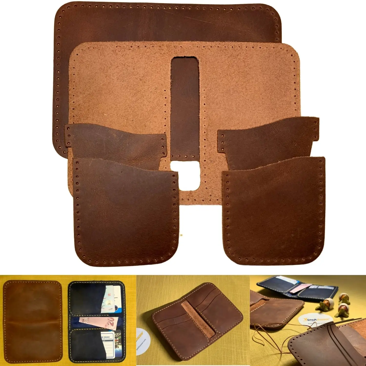 DIY Vertical Bifold Wallet Kit, Ready Cut Genuine Leather Pieces, Holes Ready for Hand Sewing, Press Cut According to Template