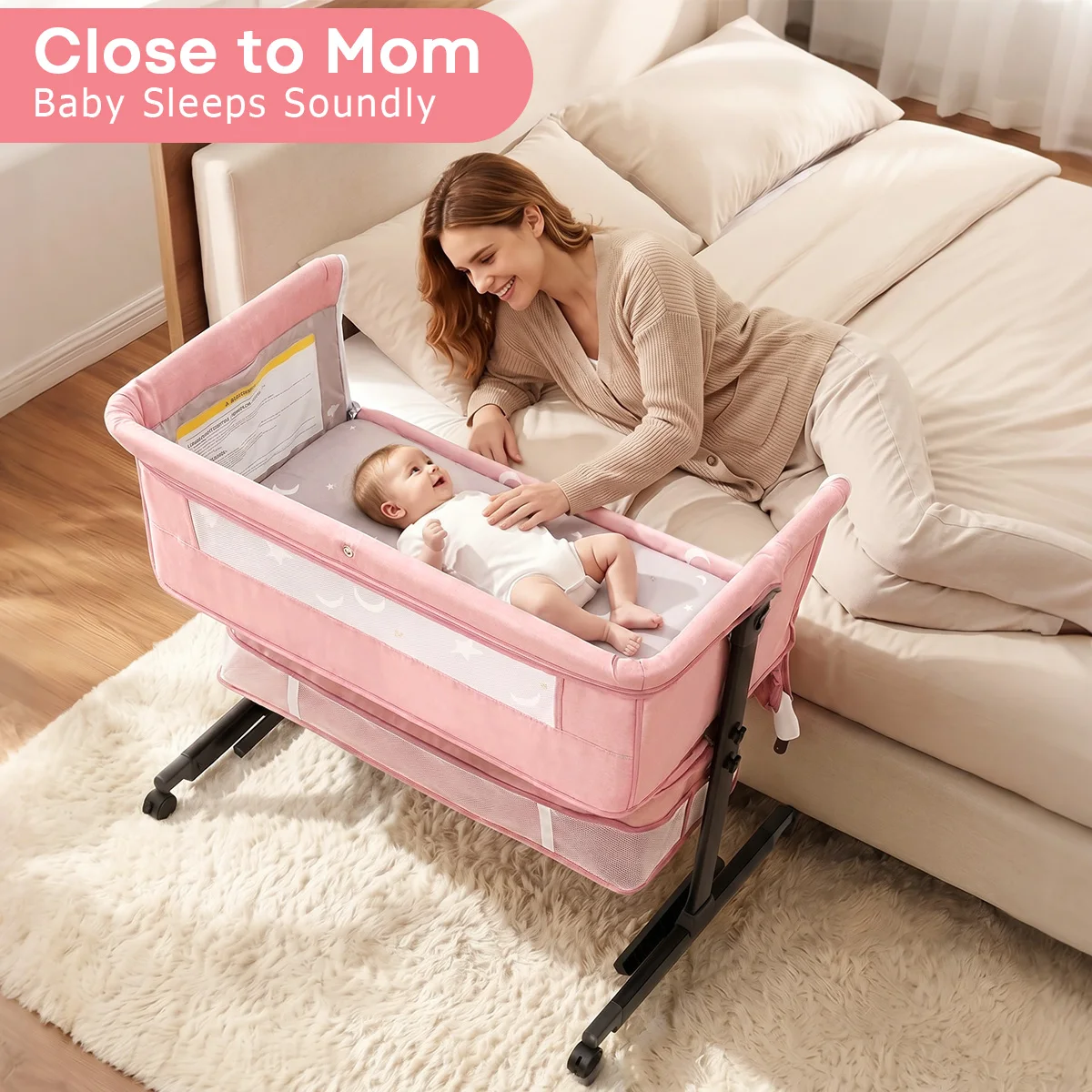 Kmaier Baby Bassinet Bedside Sleeper with Canopy Mosquito Net, Adjustable Height Portable Baby Side Bed Sleeper, Breathable Mesh Infant Crib with Lockable Wheels & Large Storage for Newborn Baby