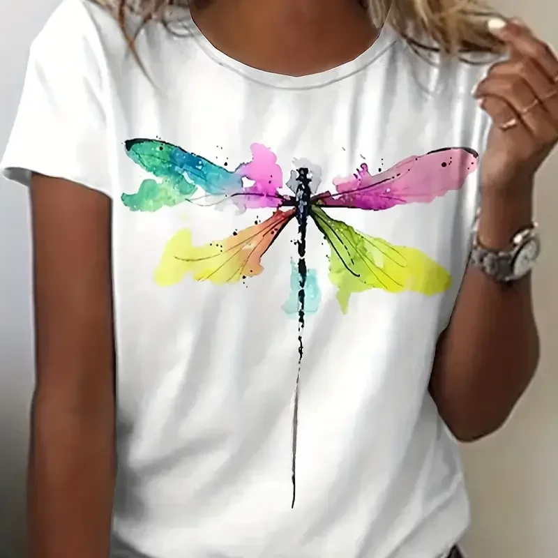 Plus rozmiar luźna koszulka damska Plus Dragonfly i artystyczna litera nadruk krótki rękaw z okrągłym dekoltem t — zdjęcie 2
