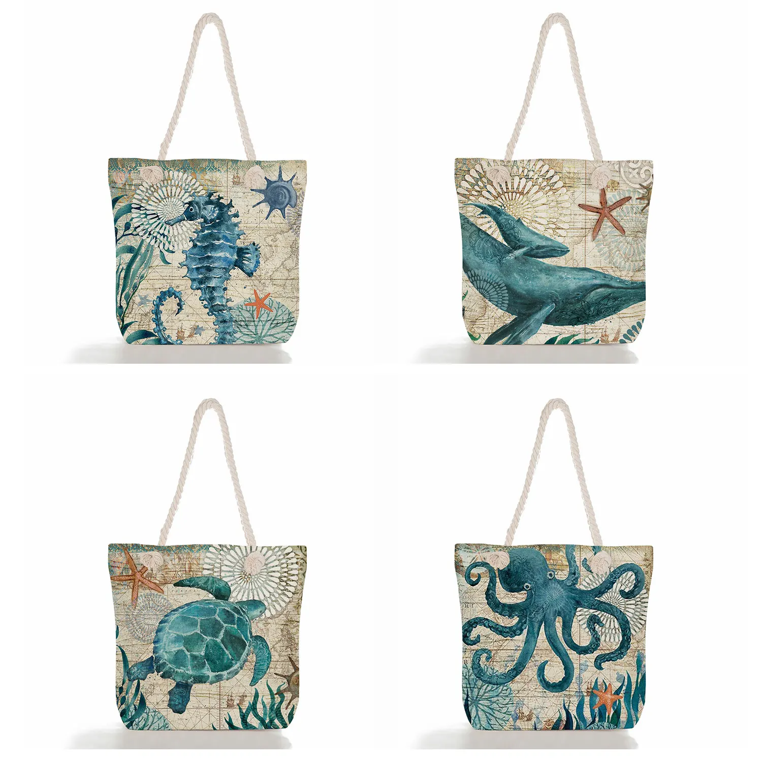 Customize Logo Picture Thick Rope Travel Beach Bags High Quality Marine Life Animal Handbags Turtle Octopus Seahorse Whale Tote