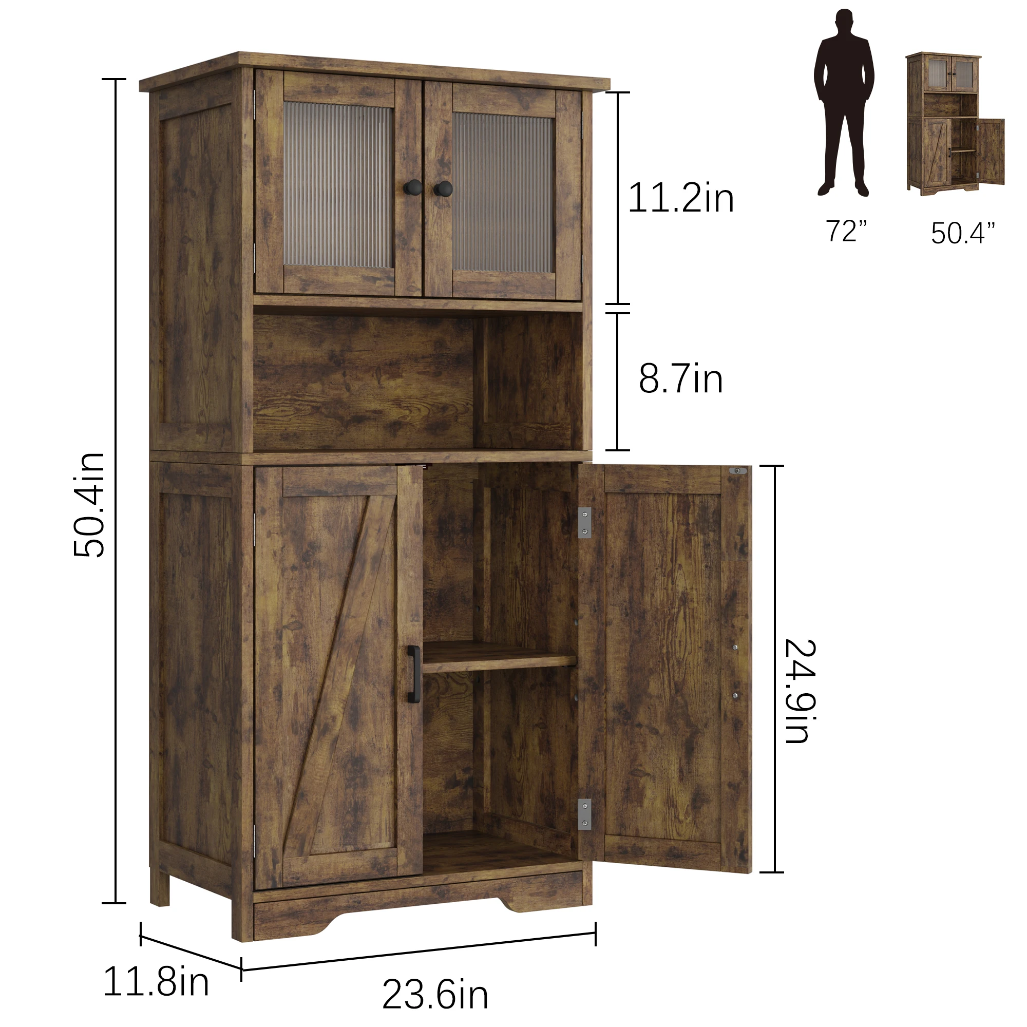 Vrijstaande keukenopbergkast, landelijke hoge kast met open plank en verstelbare planken, houten voorraadkast voor badkamer, eetkamer, woonkamer, meubel voor thuis, 50,4 inch hoog.