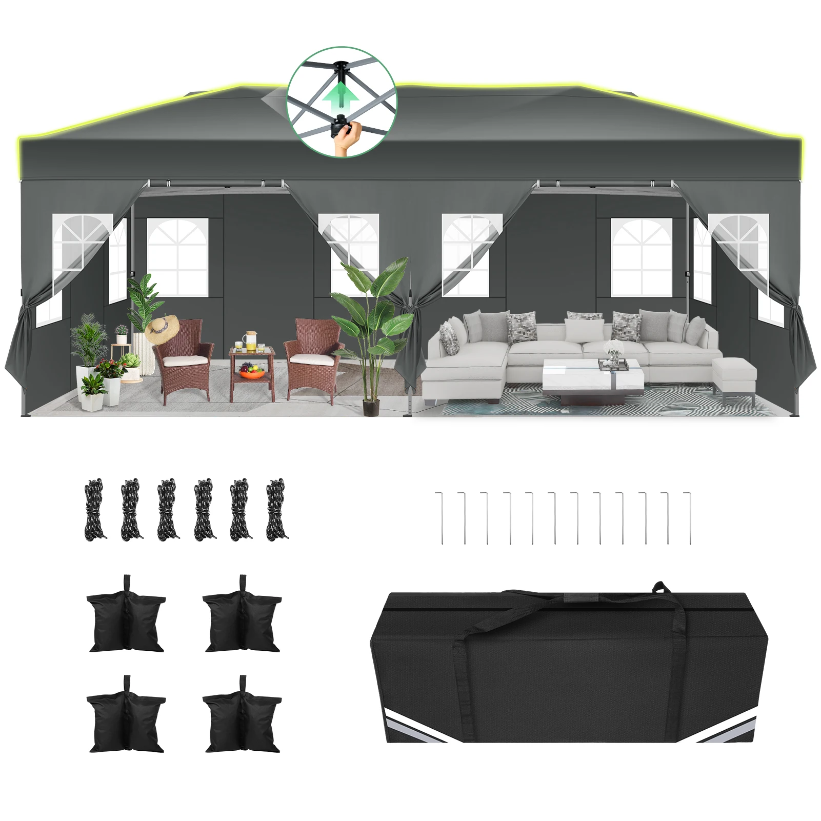 3x6m Folding Gazebo Event Canopy Pop Up Waterproof Party Tent With 6 Side Wall UV Protect For Garden Outdoor Commercial Wedding
