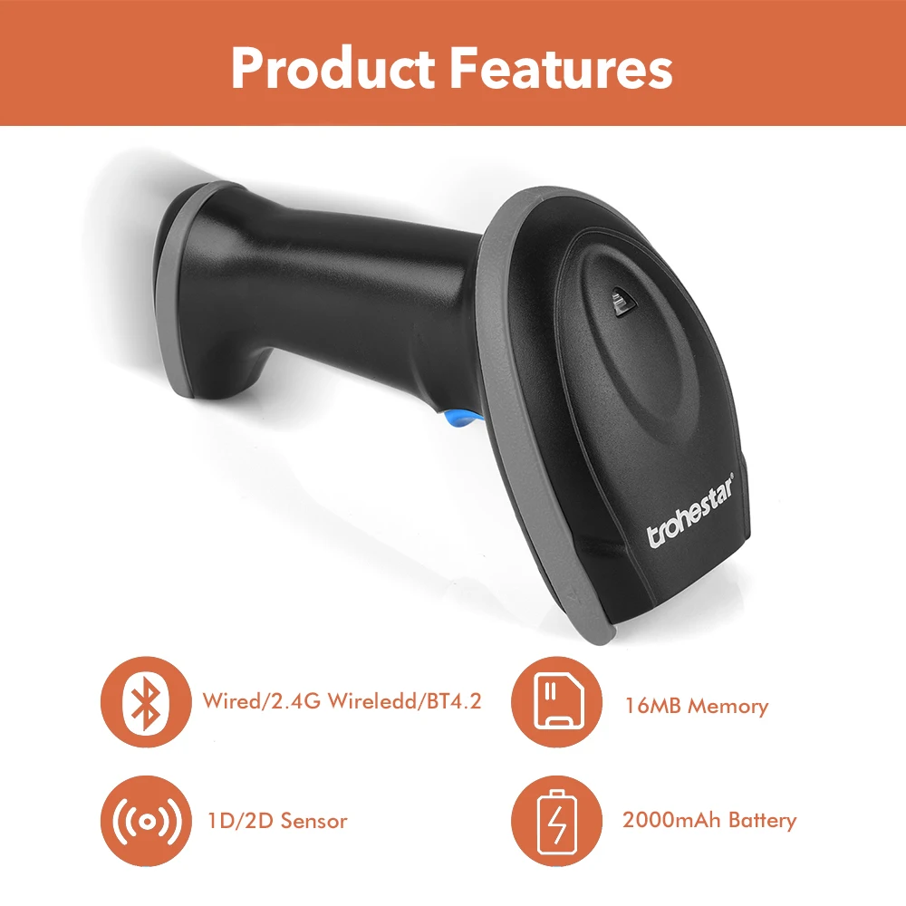Trohestar Wireless Barcode Scanner 2.4GHz1D 2D Bar Code Reader USB Scanners Charging Cradle leitor de codigo de barra 2D Scanner