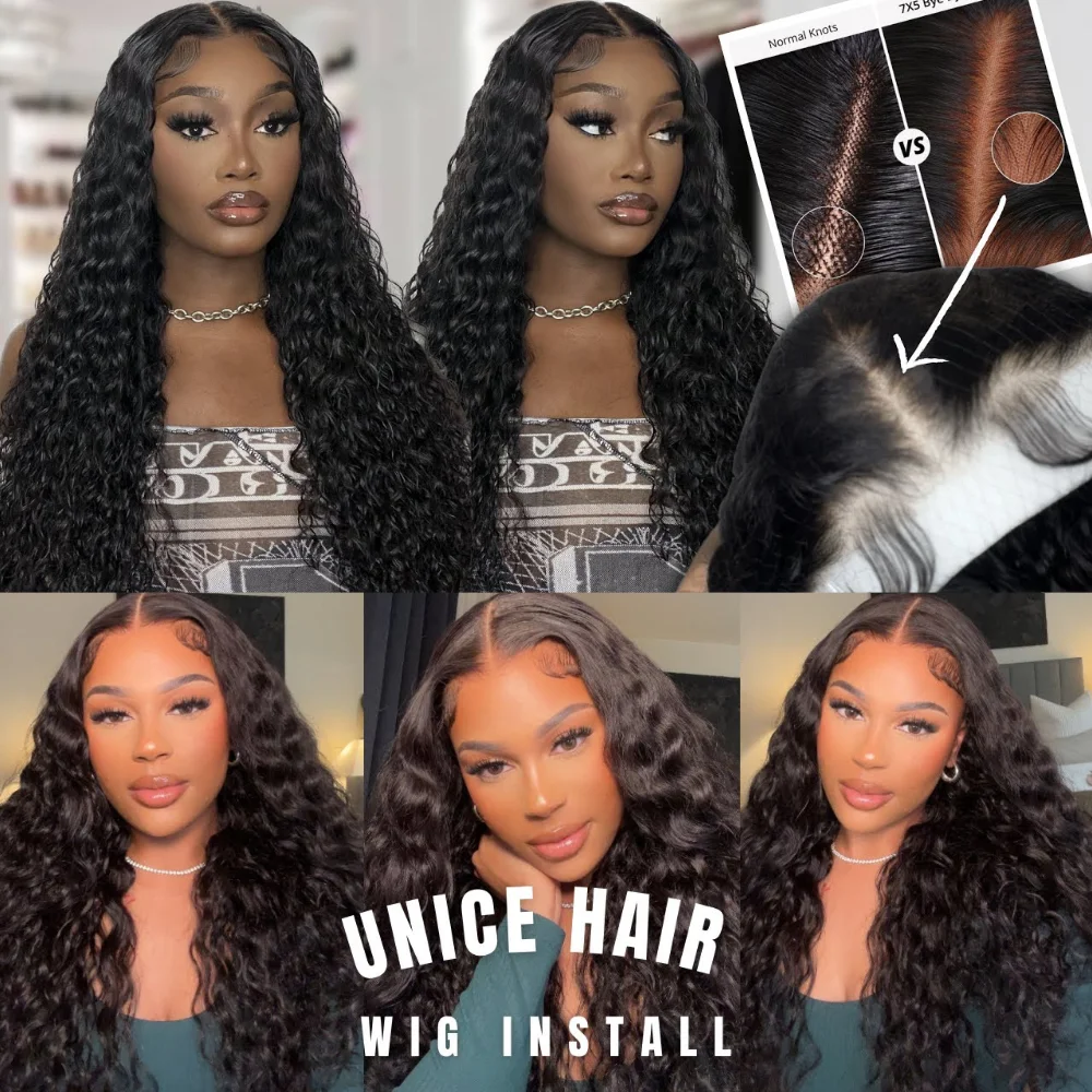 Unice Hair 7x5 Water Wave Бесклеевой парик Человеческие волосы Готов к ношению Предварительно вырезанный Предварительно выщипанный Парик из натуральных волос на кружеве спереди