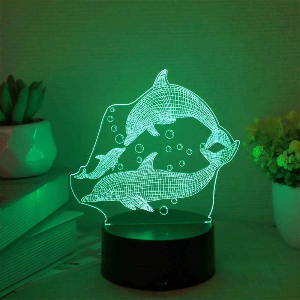 3D Dolphins Family Night Light, Novidade, Lâmpadas de mesa, Ambiente do quarto, Decoração do quarto, Presentes, 3 cores, 7 cores, 16 cores