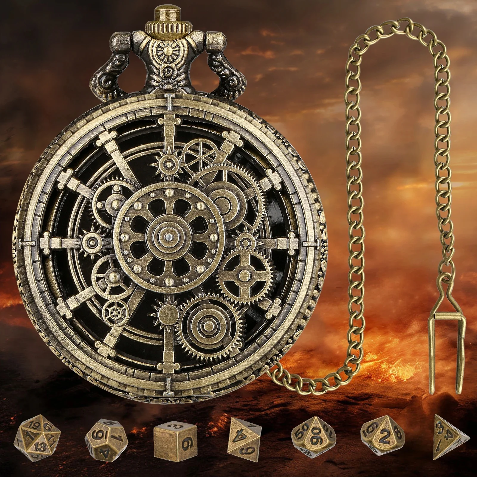 YISUYA – boîtier de montre de poche Punk Gear, jeu de dés, 7 dés polyédriques en métal DND, accessoires de jeu de société de jeu de rôle, cadeaux de fête