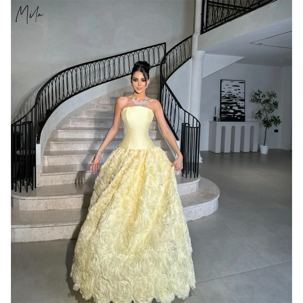 

Mila Customized Yellow Strapless Glamour Ball-Gown Prom Dress 3D Flowers Vintage Formal Evening Floor-Length Vestidos De Fiesta