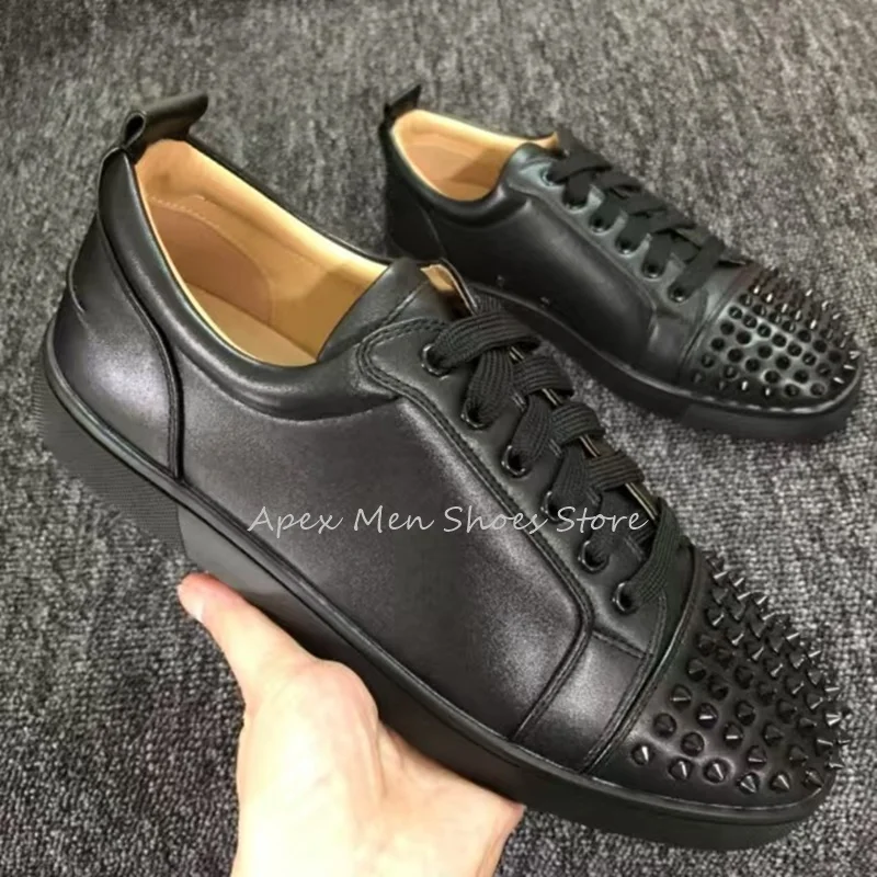 Flat Soled Casual Rivet Sneakers for Men Luxury Lace Up Shallow Round Toe Spring Autumn Single Shoes Leather Comfort Men's Shoes