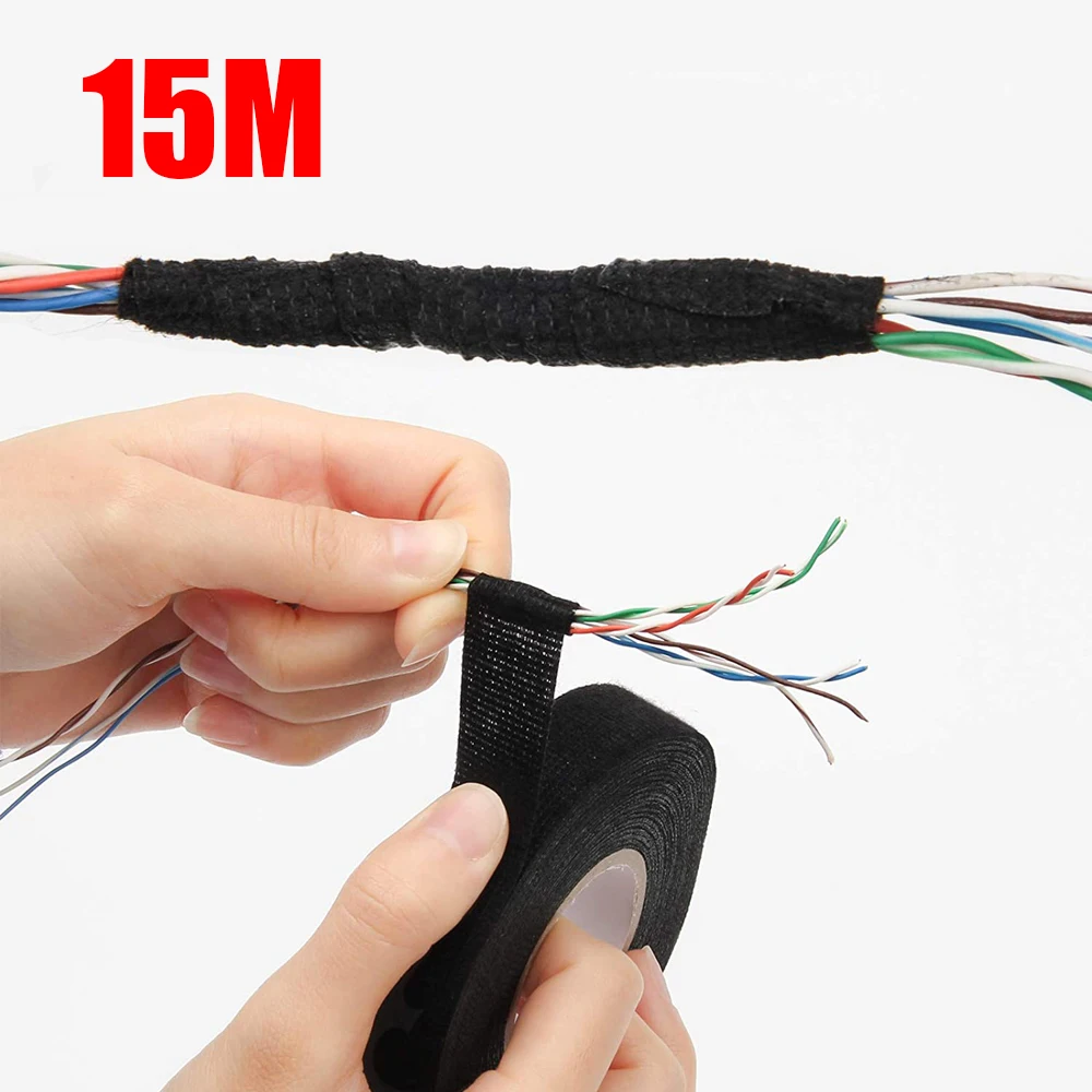 15 Meter Heat-resistant Fabric Tape Black Adhesive Electrical Insulating Cloth Tape for Car Cable Harness Wiring Loom Protection