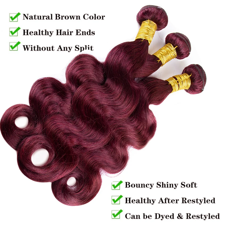 99J بورجوندي حزم الشعر البشري الجسم موجة حزم 100% البرازيلي حزم الشعر البشري نسج تمديد اللون # 99J للنساء السود #2