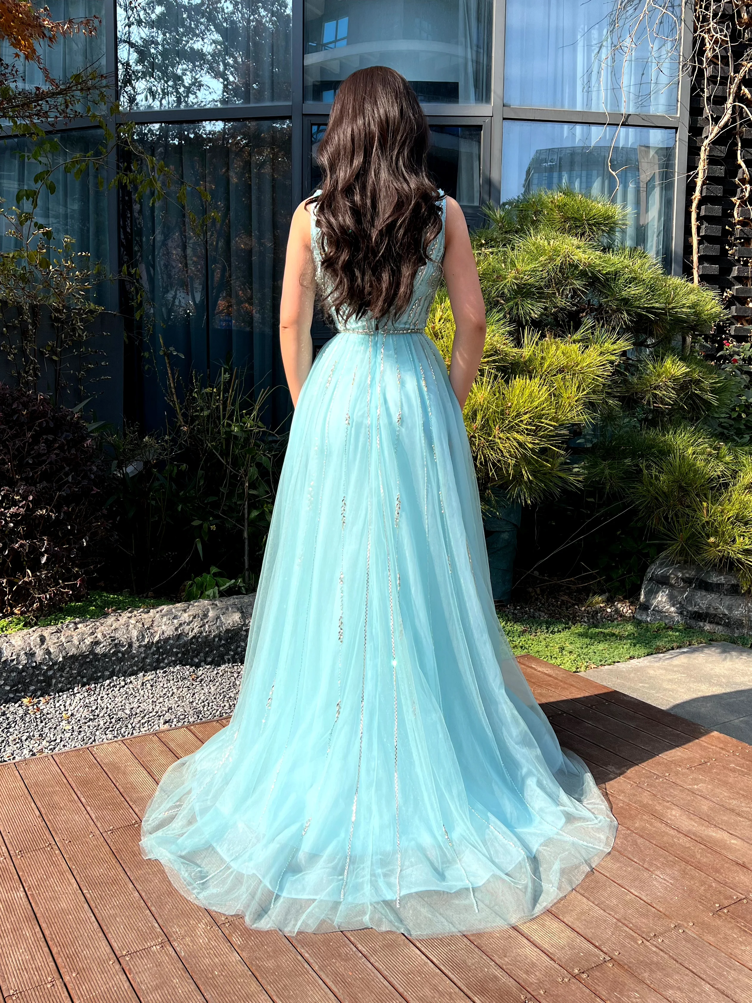 شاليمار تشانغ فساتين السهرة الزرقاء طويلة الأكمام التطريز اليدوية حسب الطلب