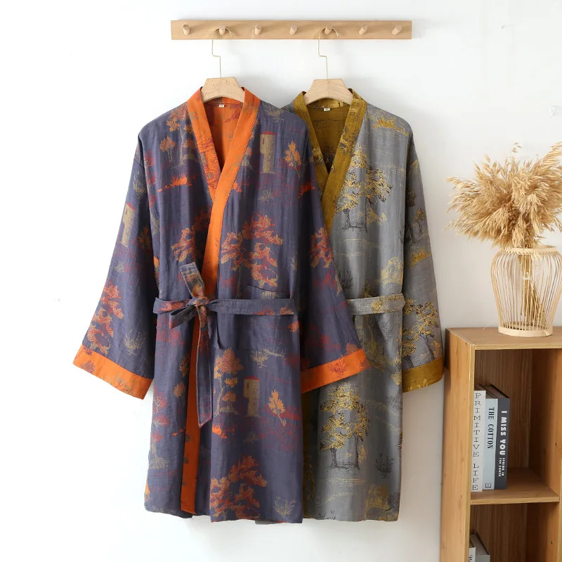 Jubah mandi motif merah kuning untuk pria Kimono katun jubah mandi pria kualitas terbaik untuk musim semi musim gugur 100% jubah Kimono pria gaya panjang katun