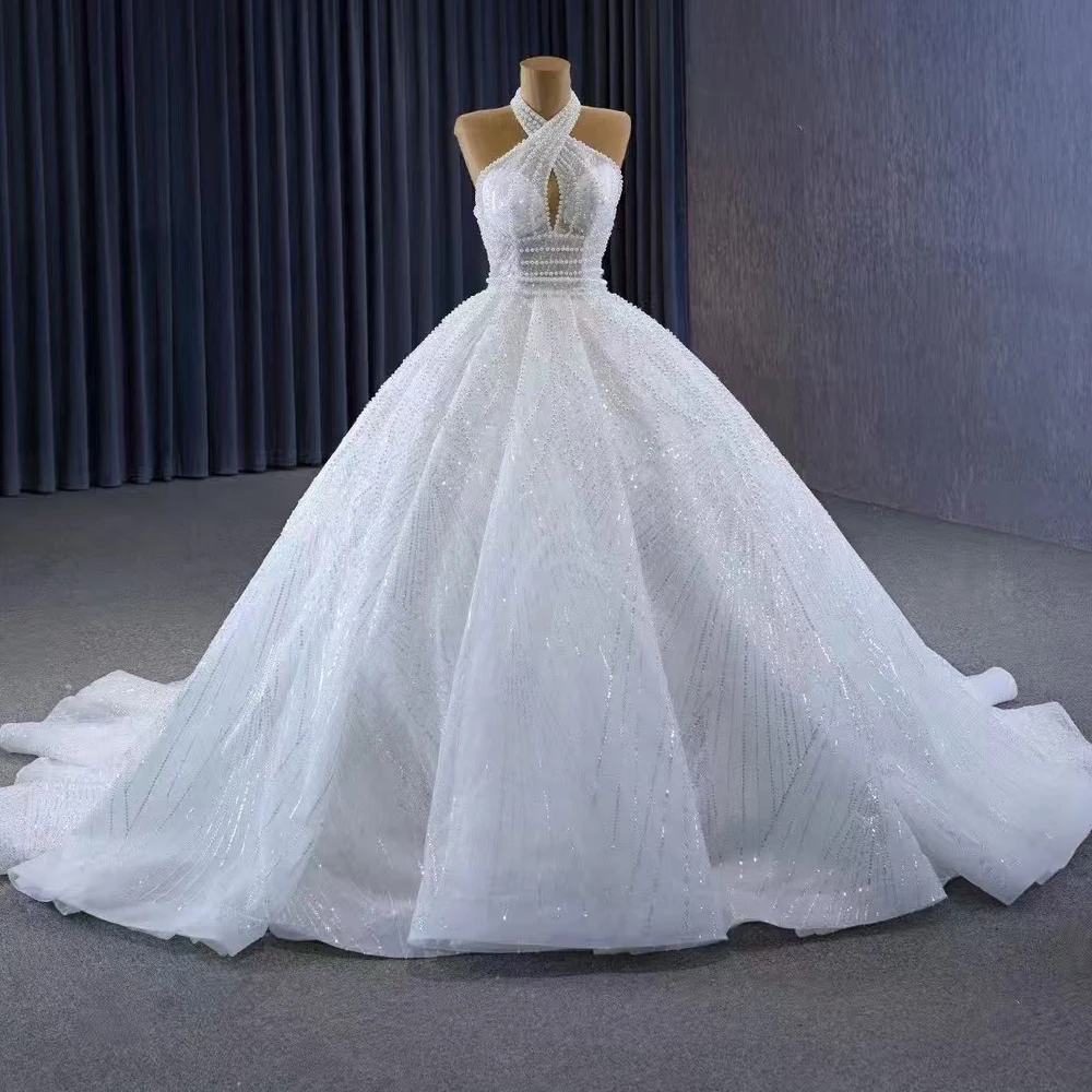 

Halter Wedding Dress Detachable Skirt Inner High Slit Mermaid Dress Pearl Beading Lace Up Back Vestido De Novias