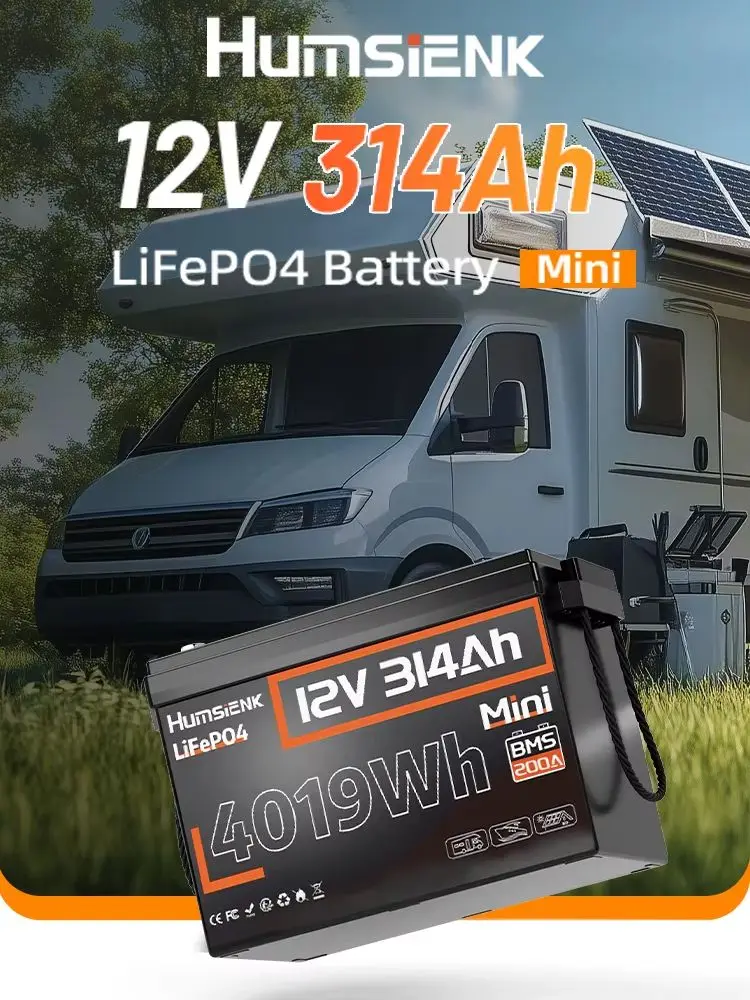 Humsienk LiFePO4-Akku 12V 314Ah mit Niedertemperaturschutz, integriertem 200A BMS, Mini-Format, wiederaufladbar, 4019Wh Energie, Deep-Cycle, perfekt für Heim- und Outdoor-Stromversorgung