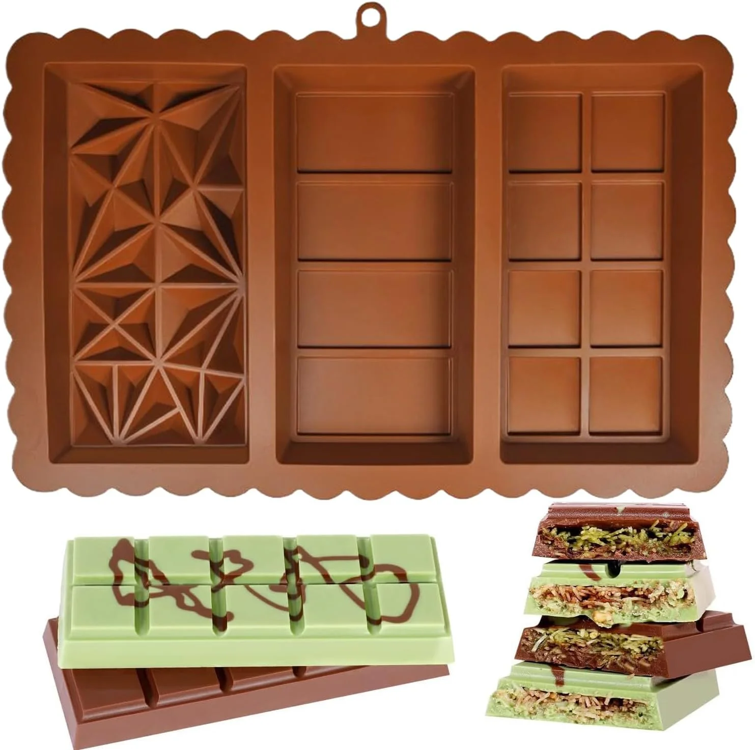 قوالب ألواح شوكولاتة من السيليكون، قوالب حلوى مستطيلة غير لاصقة مع فتحات تعليق، قوالب خبز يدوية قابلة لإعادة الاستخدام