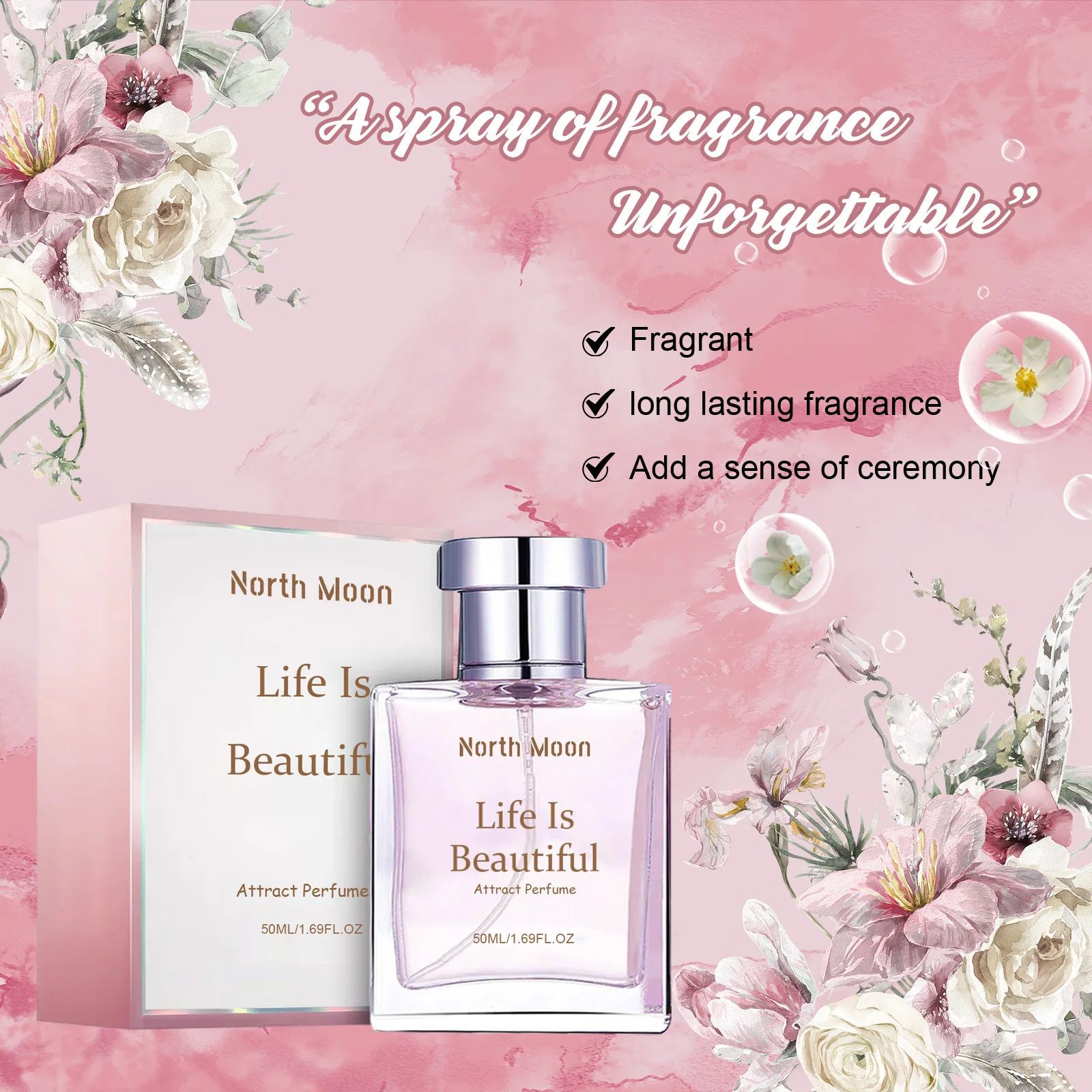 North Moon 50ml Floral Pheromone Perfume Spray Long Lasting Body Fragrance Charm Release Flirting Dating Mist Deodorant Perfume