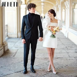 JEHETH Long Puff Sleeves Square Neck Wedding Dresses Women Satin A-Line Simple Bridal Gowns Above Knee Elegant Vestidos De Novia