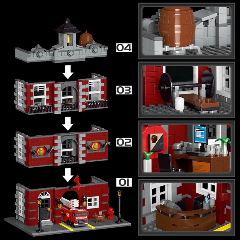 ชุดอาคารสถานีดับเพลิงสไตล์วินเทจ ฉากถนนเมือง สถาปัตยกรรมแบบโมดูลาร์ ชุดประกอบบล็อก ของเล่นเสริมพัฒนาการ ของขวัญ